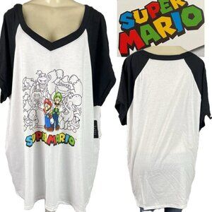 Super Mario +4 White Coloring Book Character Graphic V-Neck Short Sleeve T-Shirt